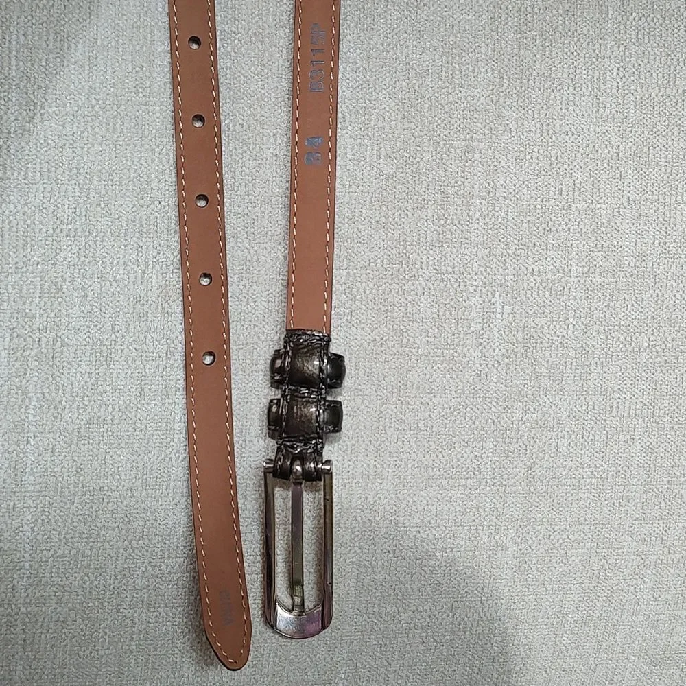 Brighton Thin Patent Leather Belt in Gunmetal Gray Silver Etched Buckle